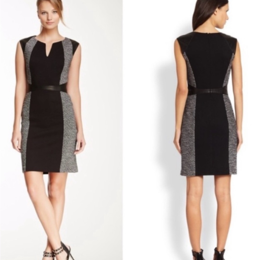 Rebecca Taylor Black & White Tweed & Lamb Leather Trim Short Sleeve Dress Size 4